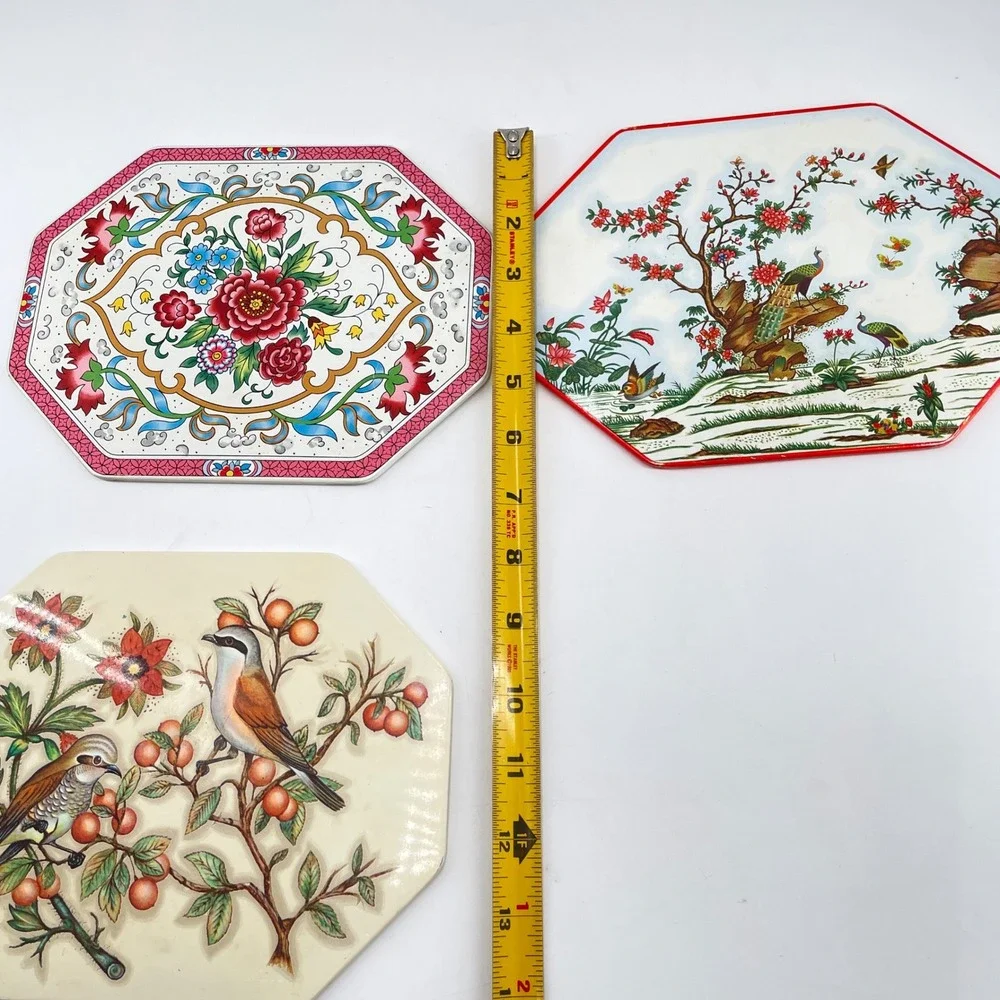 Vtg Octagon Wall Plaque x3 Birds Floral Chinoiserie Asian Decor Metal Laminate